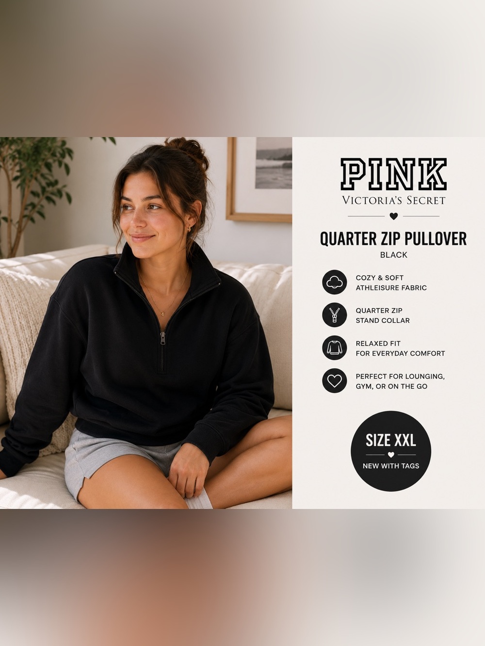 PINK VS Black Quarter Zip Pullover XXL Cozy Athleisure Sweatshirt